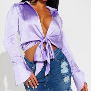 Hers & Mine purple satin front tie ruffle sleeve blouse